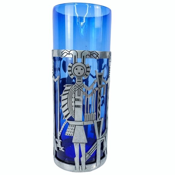 Kachina Candle Holder Cobalt Blue Glass Vase Tin Pewter Wrap Universal Pewter - Picture 1 of 14